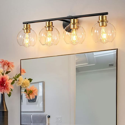 Bathroom Light Fixtures Over Mirror 4-Lights Bathroom Vanity Light with Clear Glass Shade 29.5 inch Modern Wall Sconce Black and Gold Vanity Lighting for Bath