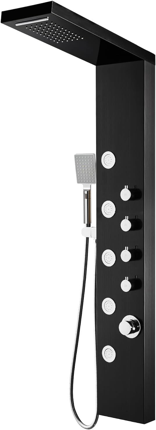 ROVOGO Shower Panel Tower System with Rainfall Waterfall Shower, 5 Body Jets and 3-Setting Handheld, 304 Stainless Steel Shower Column Wall-Mount, Black
