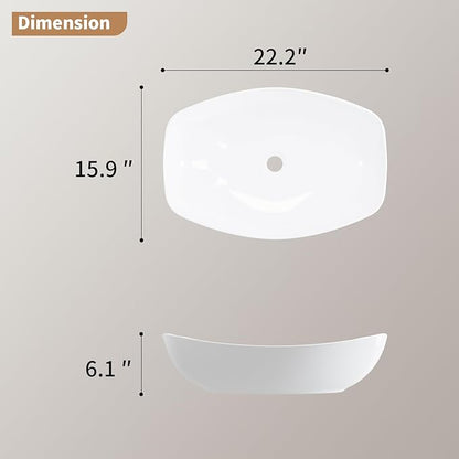 22"X16" Bathroom Vessel Sink Boat Shape Above Counter Oval White Porcelain Ceramic Modern Vanity Sink Art Basin
