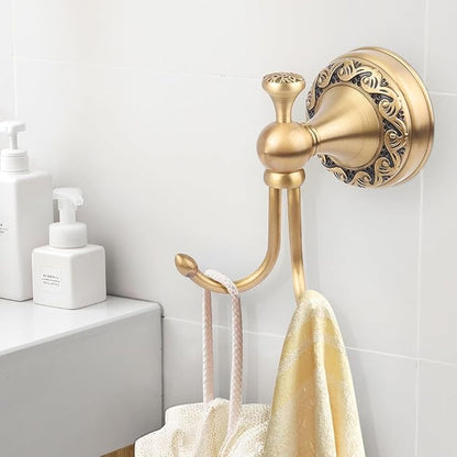 Antique Brass Towel Hook, Wall Mounted Bathroom Copper Double Hook for Clothing Robe Hanger, Screws Install Shower Wall Hook