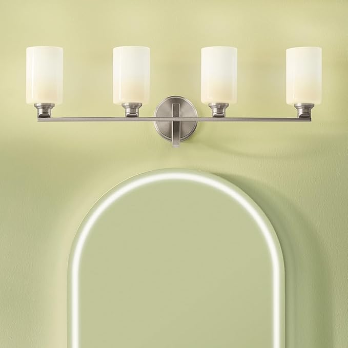 Kichler Gioe 32.25" 4-Light Vanity Light with Opal Glass in Brushed Nickel, Damp Rated, for Bathroom, Powder Room, Over a Mirror, (32.25" W x 10.5" H), 55227NI
