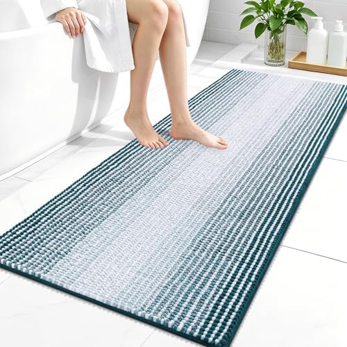 OLANLY Bathroom Runner Rugs 47x24, Chenille Striped Bath Rugs, Peacock Blue