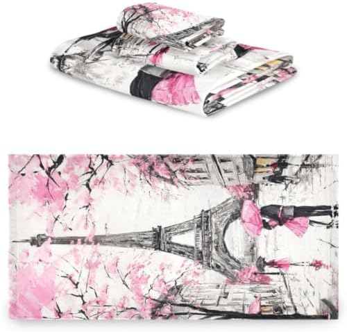 Naanle Stylish Romantic Street View of Paris Eiffel Tower Soft Luxury Decorative 3 Pieces Set Towels, 1 Bath Towel+1 Hand Towel+1 Washcloth, Multipurpose for Bathroom, Hotel, Gym, Spa and Beach