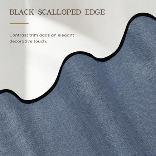 Furlinic Scalloped No Hook Linen Shower Curtain Navy Blue Boho Stall 48x75