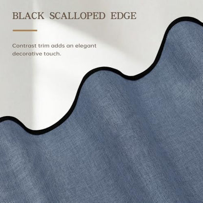 Furlinic Scalloped No Hook Linen Shower Curtain Navy Blue Boho Stall 48x75
