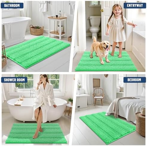 Grandaily Chenille Striped Bathroom Rugs 44x24, Extra Thick and Soft Absorbent Bath Mats, Rubber Backing, Plush Shaggy Shower Carpet, Machine Wash Dry, Bath Rug for Bathroom, Mint Green