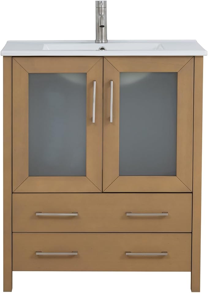 Vanity Art 30" Single Sink Bathroom Vanity with 1 Mirror, Ceramic Top Cabinet Compact Set with 2 Dovetail Storage Drawers and Brushed Nickel Handles, VA3030-NO