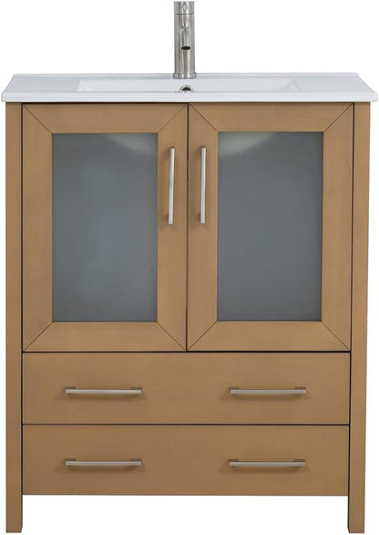 Vanity Art 30" Single Sink Bathroom Vanity with 1 Mirror, Ceramic Top Cabinet Compact Set with 2 Dovetail Storage Drawers and Brushed Nickel Handles, VA3030-NO