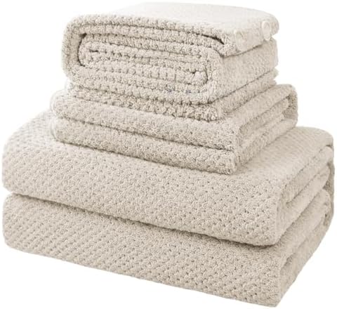 35X70 Inches Extra Large Bath Towels Sets of 4-Piece Bathroom Towel Set(1 Bath Towel, 1 Hair Towel, 1 Hand Towel, 1 Washcloth) Microfiber Shower Towels for Women Daily Use (Khaki, 4 Piece)