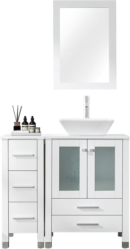 LUCKWIND 36" Bathroom Vanity with Sink Combo, 24-inch Main Cabinet with 12.6-inch Side Cabinet, Painted Bathroom Storage Cabinet with 5 Drawers, Including White Square Sink Without Mirror, White