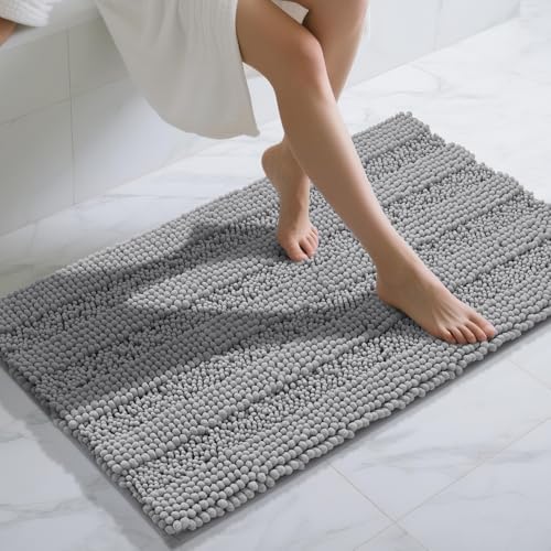 Yimobra Bathroom Rug Mat 44 x 24, Non Slip and Super Absorbent Bath Mat,Machine Washable Quick Dry,Ultra Plush Chenille Shower Rugs for Bathroom Floor Sink Tub and Shower Outside,Gray
