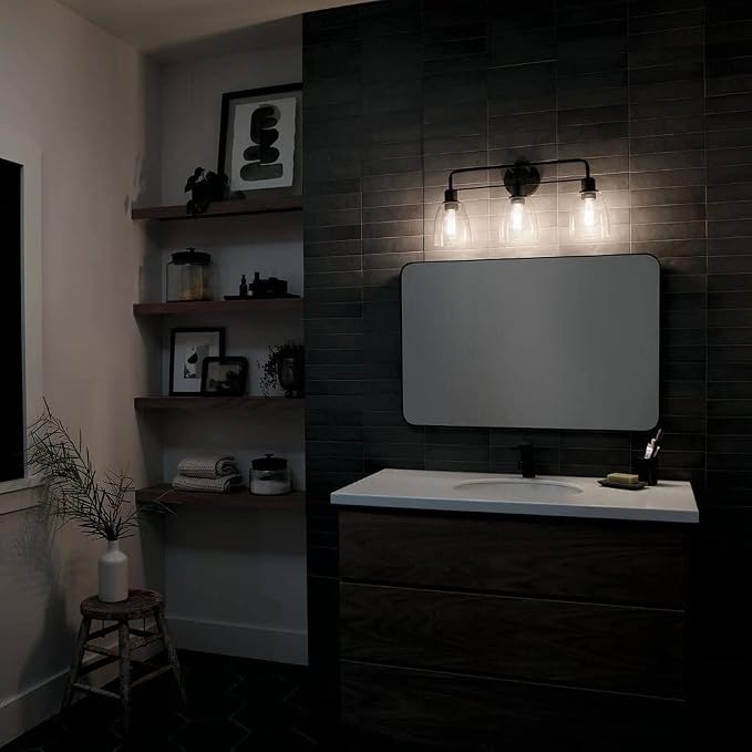 Kichler Meller 3-Light Industrial Vanity Light, Brushed Nickel | Modern vanity light with clear glass for bathroom mirrors (24.25" x 11.25" x 7"), 55102NI