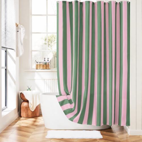 Ohocut Vertical Striped Shower Curtain, Cute Retro Vintage Pink Green Stripe Bathroom Shower Curtain, Waterproof Polyester Fabric Modern Bath Curtain for Bathroom 72x72 Inches