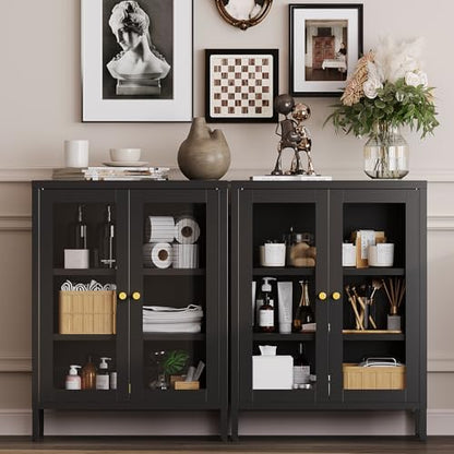 YAUWOH Metal Bathroom Cabinet with Glass Doors,Bathroom Floor Storage Cabinet with 2 Adjustable Shelves & 2 Doors, Sideboard for Small Spaces, Living Room, Dining Room, Home Office