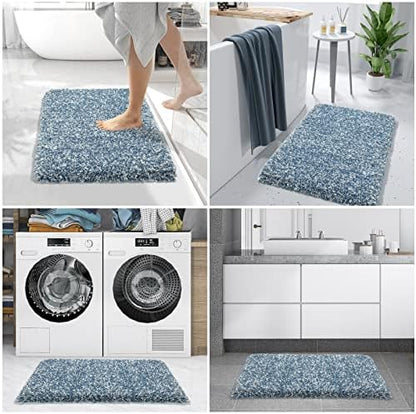 Yimobra Luxury Bathroom Rugs, Fluffy Bath Mats, Non Slip, Water Absorbent Microfiber, Machine Washable, Plush Runner Shower Rugs, Thick Matts for Bathroom Floor&Tub, 60" X 24", Denim Blue and White