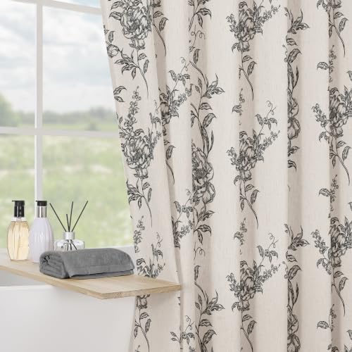 Black Linen Farmhouse Shower Curtain, Boho Floral Bathroom 72x78