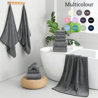 Ycosy 18 Piece Bath Towels Set,100% Microfiber Family Bathroom Towel with Hanging Loops-6 Bath Towels,6 Hand Towels,6 Washcloths,Quick Dry Highly Absorbent Shower Towel for Bathroom,Hotel,Spa-Black