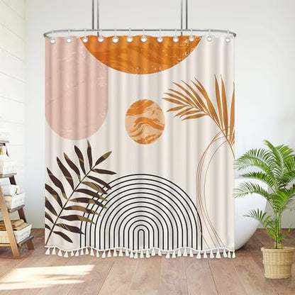 Boho Mid Century Leaf Shower Curtain Set,Arch Sun Design,Minimalistic Leaves Pattern,Waterproof and Luxurious Fabric-12 Hooks(Orange-60" x 72")