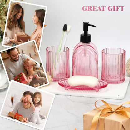Bathroom Accessories Set, 4Pcs Glass Bathroom Accessories Set Complete, 13.5OZ Lotion Soap Dispenser, Toothbrush Holder, Mouthwash Cup, Soap Dish for Bathroom Decor, Countertop Organizer (Pink)