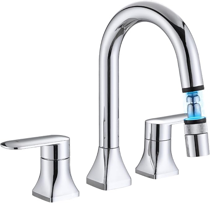 Bathroom Faucet 3 Hole with Pull Out Sprayer, 8 Inch Widespread Bathroom Faucet, Magnetic Pull Out Faucet for Easy to Use, Chrome (with Pop-up Drain)