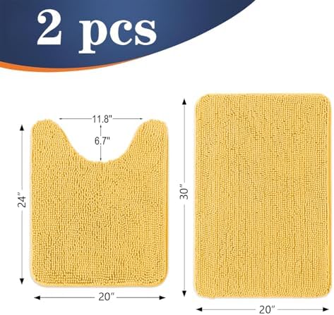 OLANLY Chenille Bathroom Rugs Mats Sets 2 Piece, 30"x20"+24"x20", Yellow