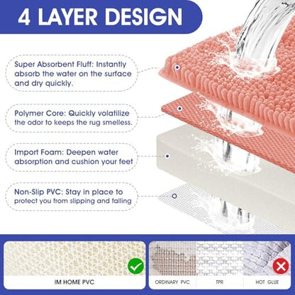 ACCUMTEK Striped Coral Bathroom Rug Mat 32"x20" Ultra Soft, Non Slip Chenille Bath Rugs, Absorbent Plush Shaggy Bath Mats for Bathroom, Bedroom, Kitchen, Shower, Tub