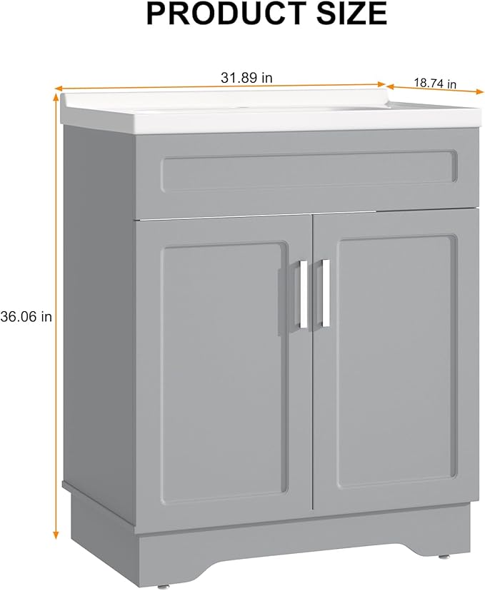 Bathroom Vanity with Ceramic Sink, Bathroom Vanity Cabinet with 2 Doors, 32 Inches Wooden Cabinet with Sink, Grey