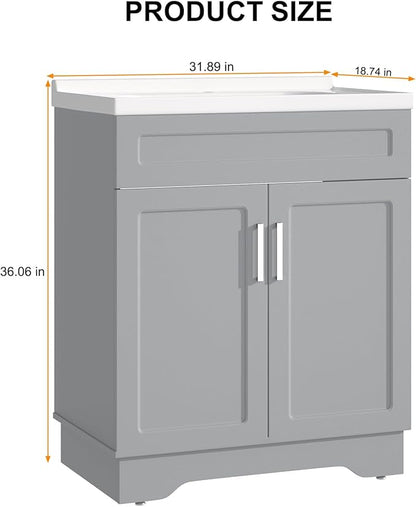 Bathroom Vanity with Ceramic Sink, Bathroom Vanity Cabinet with 2 Doors, 32 Inches Wooden Cabinet with Sink, Grey