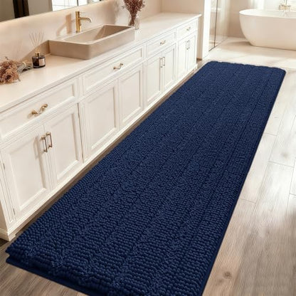 ACCUMTEK Striped Navy Blue Bathroom Rug Mat 44"x24" Ultra Soft, Non Slip Chenille Bath Rugs, Absorbent Plush Shaggy Bath Mats for Bathroom, Bedroom, Kitchen, Shower, Tub