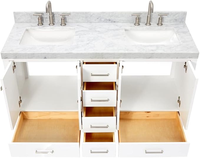 ARIEL Cambridge 60-inch Bathroom Vanity with Sink,Solid Wood, 2-inch Italian Carrara Marble Countertop, Double Rectangular Porcelain Sink, 2 Soft Closing Doors, 6 Dovetail Drawers, White