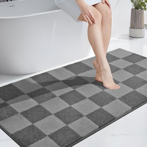 PURRUGS Bathroom Rug Non-Slip Machine Washable 30" x 60", Super Absorbent and Quick-Dry Bath Mat, Extra Soft and Plush Bath Rug for Shower, Bathtub and Sink, Grey & Dark Grey