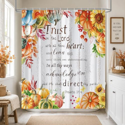 Fall Pumpkins Shower Curtain, Autumn Thanksgiving Harvest Motivational Inspirational Quotes Bathroom Bathtubs Decor, Waterproof Polyester Fabric Bathroom Curtain with Hooks 72x72 in