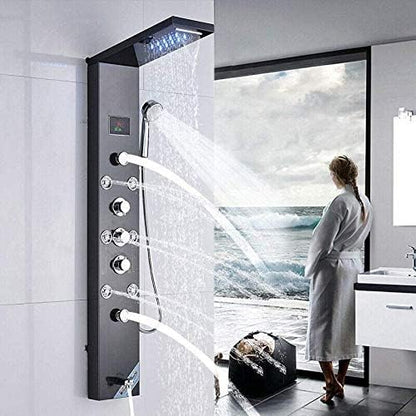 FUZ Contemporary Shower Panel Tower System Stainless Steel 6-Function Faucet LED Rainfall Waterfall Shower Head + Handheld Sprayer + Rain Massage Body Jets + Tub Spout, Black.