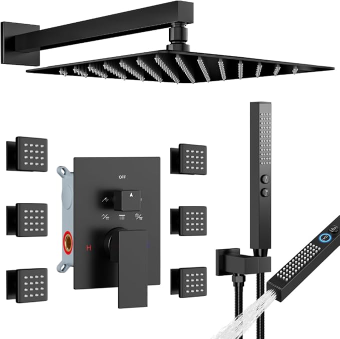 Matte Black Shower System with Body Jets, STARBATH 12 Inch Rainfall Shower and Handheld Spray, Wall Mounted Full Body Shower System Rough-in Mixer Pressure Balance Valve Shower Faucet Set Complete