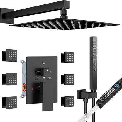 Matte Black Shower System with Body Jets, STARBATH 12 Inch Rainfall Shower and Handheld Spray, Wall Mounted Full Body Shower System Rough-in Mixer Pressure Balance Valve Shower Faucet Set Complete