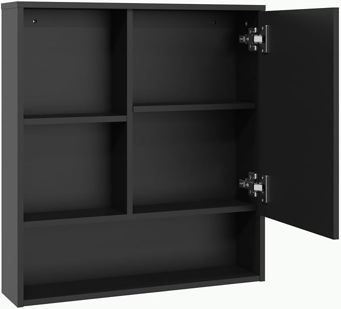 Panana Bathroom Medicine Cabinet with Mirror, Wall Mounted Single Mirror Door Storage Cabinet with 3 Open Compartments, Adjustable Height Shelf, 21.9x5.1x23.6 inch (Black)