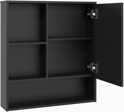Panana Bathroom Medicine Cabinet with Mirror, Wall Mounted Single Mirror Door Storage Cabinet with 3 Open Compartments, Adjustable Height Shelf, 21.9x5.1x23.6 inch (Black)