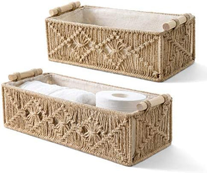 Mkono 2Pc Macrame Storage Basket, Boho Decor Toilet Paper Holder, Brown