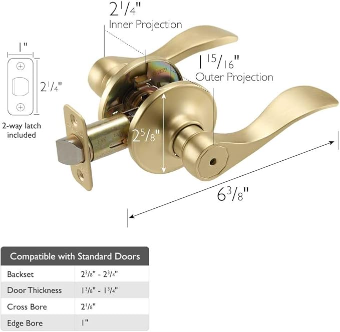 Design House Springdale Privacy Bedroom Bathroom Interior Door Lever Handle Lockset with Lock, Satin Gold, 6.375 in x 1.94 in x 2.625 in, Item 728907