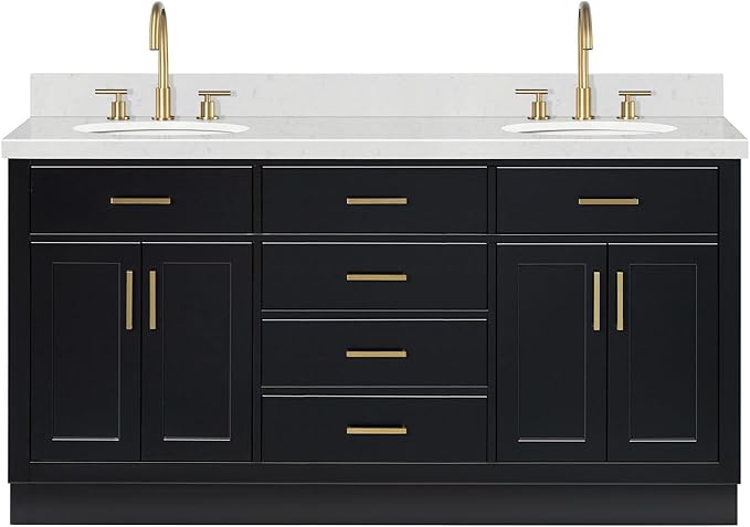 ARIEL Hepburn 66-inch Bathroom Vanity with Sink,Solid Wood, 1.5-inch Carrara White Quartz Countertop & Backsplash, Double Oval Porcelain Sink, 4 Soft Closing Doors, 6 Dovetail Drawers, Black