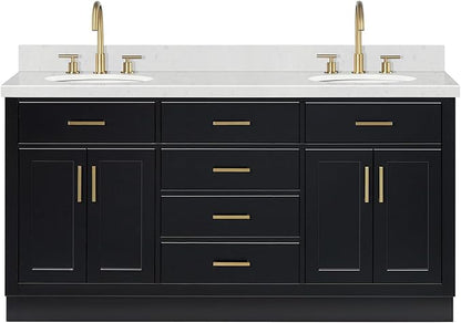 ARIEL Hepburn 66-inch Bathroom Vanity with Sink,Solid Wood, 1.5-inch Carrara White Quartz Countertop & Backsplash, Double Oval Porcelain Sink, 4 Soft Closing Doors, 6 Dovetail Drawers, Black