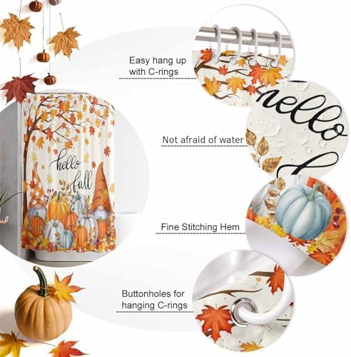 Shower Curtain Bathroom Set Autumn Gnome Orange Maple Tree Waterproof Shower Curtains with Grommets Hooks Thanksgiving Pumpkin Watercolor Privacy Bath Curtain for Bathtub Decor 48x72in