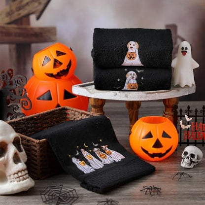 FuWeave 3 Pcs Black Halloween Ghost Dog Hand Towels for Bathroom