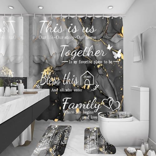 4Pcs Family Marble Shower Curtain Sets with Rugs