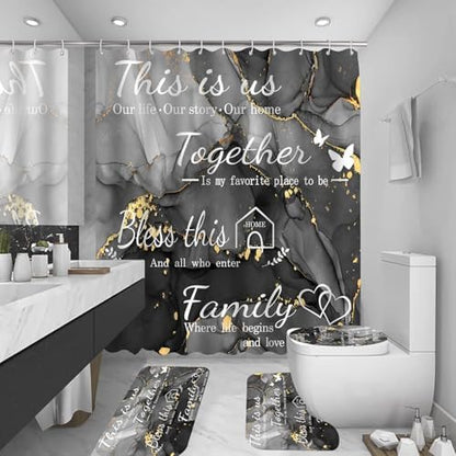 4Pcs Family Marble Shower Curtain Sets with Rugs