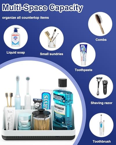 Bathroom Counter Organizer and Storage, 7 Slots Detachable Toothbrush Holders for Bathrooms, Anti-Slip Electric Toothbrush and Toothpaste Holder Countertop Vanity Organizer Accessories for Adults Kids