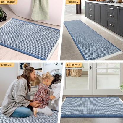 IM HOME Waffle Bath Mat Blue & Cream 4'x2', Boho Woven Modern Bath Mat Rugs, Absorbent Non Slip Bathroom Rugs, Soft Washable Bath Rugs with Tassels for Bathroom, Bedroom, Kitchen, Shower, Tub
