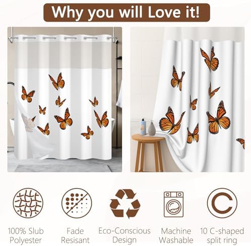 No Hook Shower Curtain with Snap in Liner 71x74 Inch