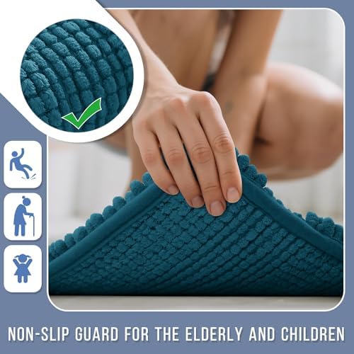 Yimobra Bathroom Rug Mat, Non Slip and Super Absorbent Bath Mat, Machine Washable Quick Dry, Ultra Plush Chenille Shower Rugs for Bathroom Floor Sink Tub and Shower Outside, Peacock Blue, 24 x 17