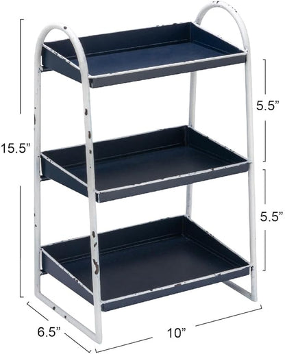 Creative Co-Op Heavily Distressed 3-Tier Metal Tray with White Frame & Rim, Navy